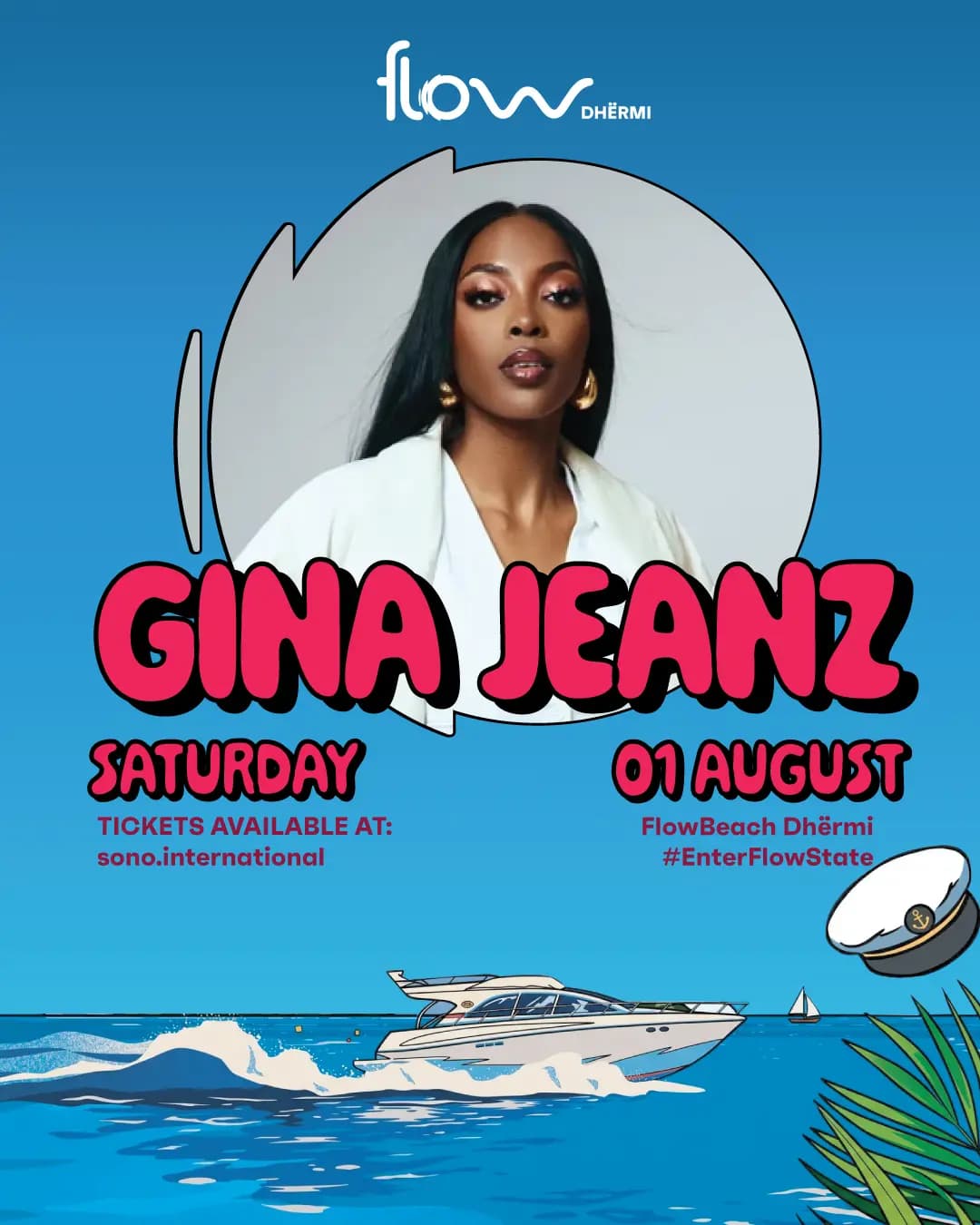 Poster for Gina Jeanz at Flow Beach, 1 August.